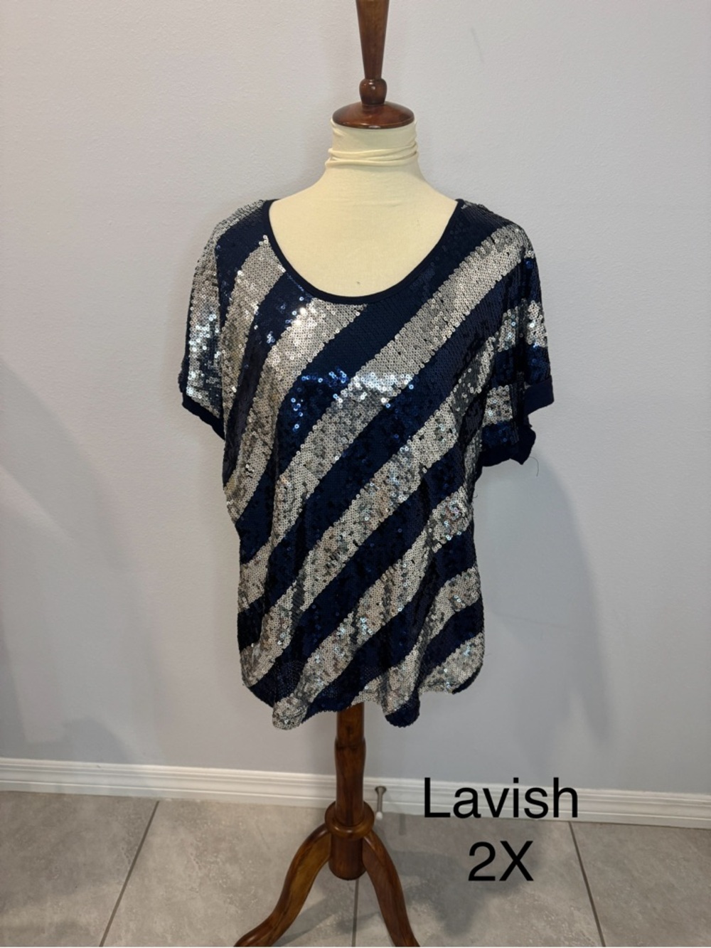 Lavish Navy and Silver Diagonal Sequin Short Sleeve Top - 2X